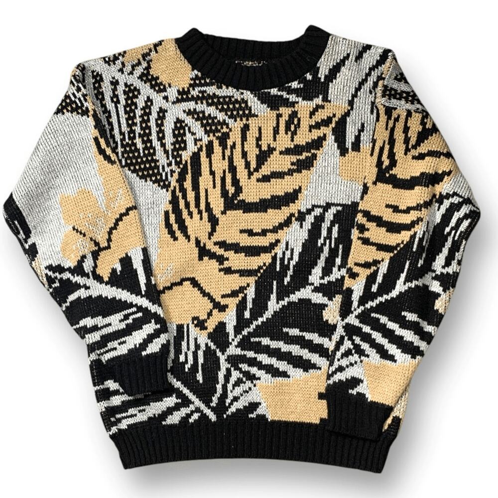Vintage Black Beige Metallic Leaf Sweater Abstract Knit Metallic Thread USA